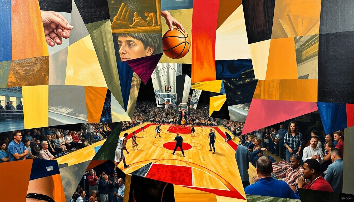 A cubist, fragmented painting depicting a basketball game or match, with sharp, overlapping geometric shapes and planes representing the action on the court, conceptually illustrating the Houston Rockets' struggles this season.