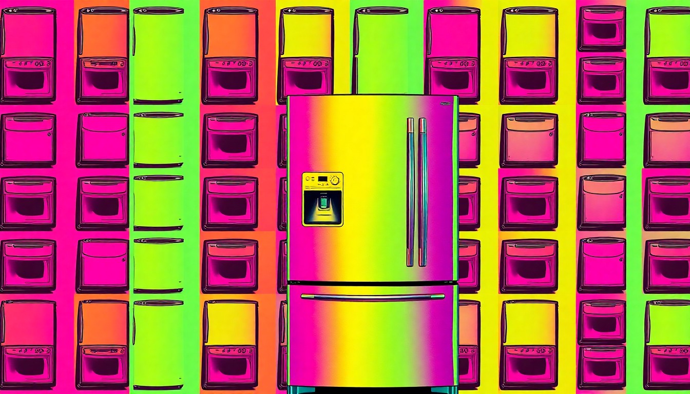 A brightly colored, high-contrast silkscreen print of a stainless steel refrigerator repeated in a grid pattern, representing the stylish appliances found in the Eddy Avenue apartments.