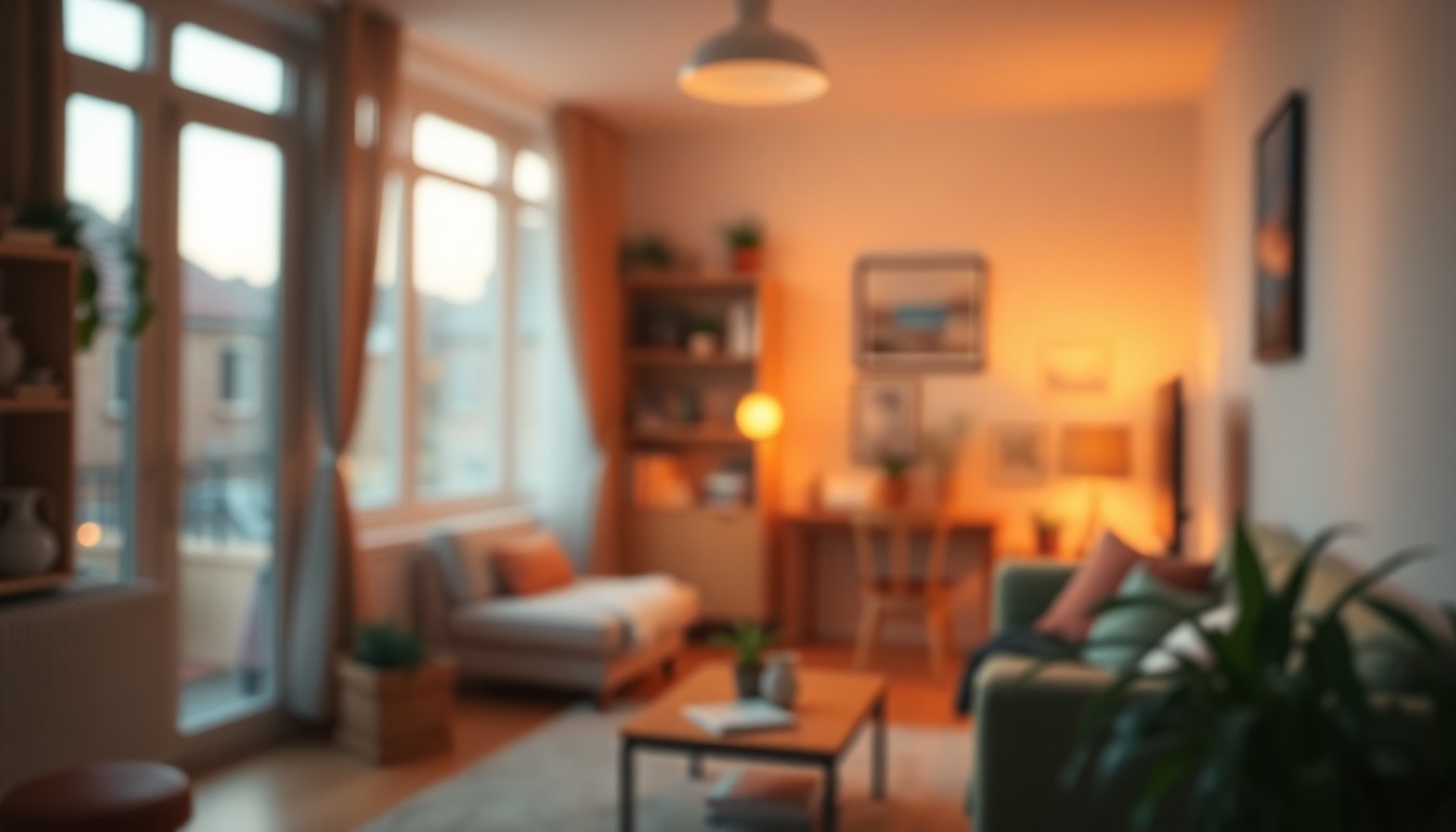 An extremely abstracted, out-of-focus photograph of a cozy apartment interior, with soft pools of warm light and color creating a serene, inviting atmosphere.