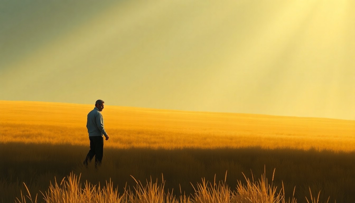 A serene, painterly scene of a Palestinian farmer standing alone in a field, the warm light and deep shadows evoking a sense of resilience and determination in the face of ongoing occupation.