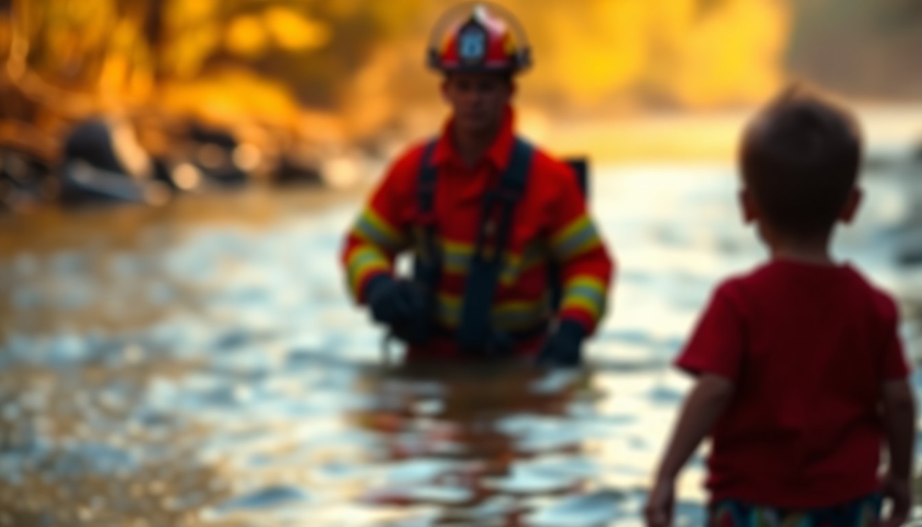 An impressionistic, out-of-focus photograph showing the silhouette of a firefighter in a red uniform wading through a river, with the faint outline of a child in the foreground, all bathed in a warm, golden glow and soft, hazy bokeh.