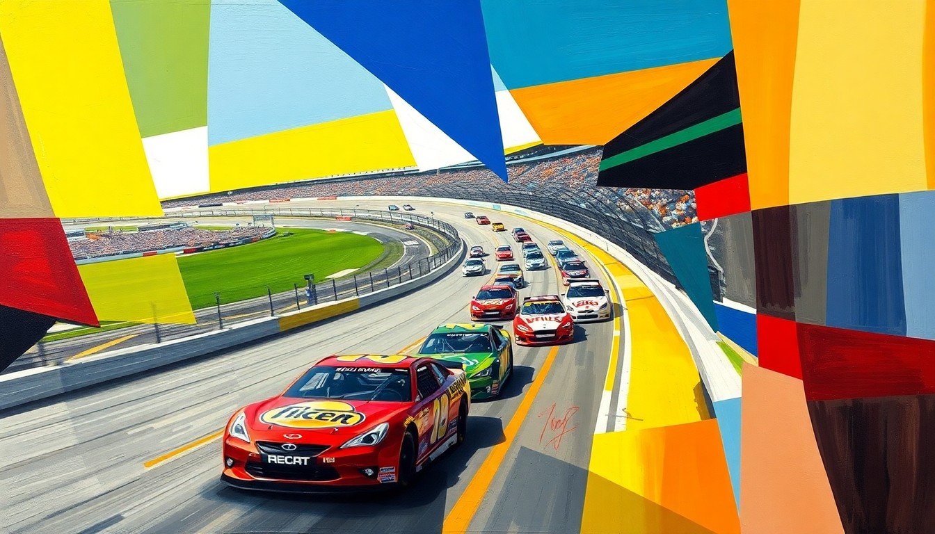 A fractured, multi-perspective painting depicting the motion and energy of NASCAR cars racing around Martinsville Speedway, with the vehicles' shapes and colors broken down into sharp, overlapping geometric planes.