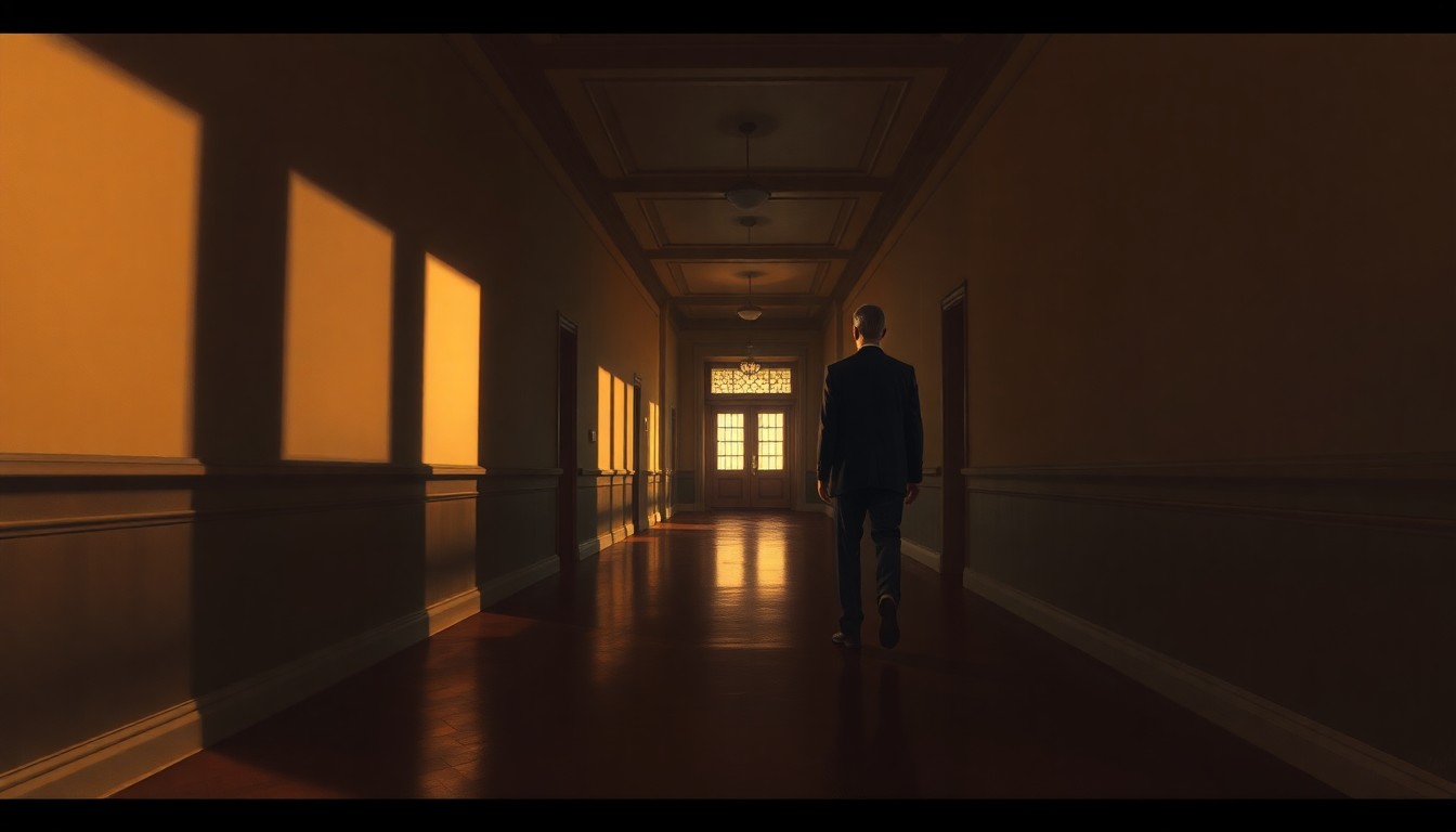 A serene, nostalgic painting depicting a solitary political figure standing in an empty government building hallway, the scene suffused with warm, dramatic lighting and deep shadows that create a contemplative, cinematic mood.