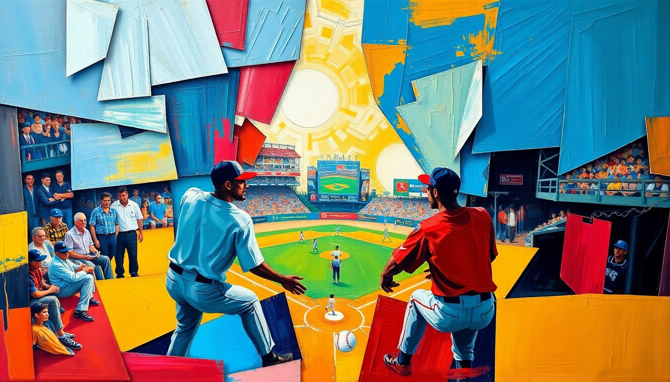 A cubist, geometric painting depicting a baseball game or match, with sharp, overlapping planes of color and form capturing the dynamic energy of the sport.