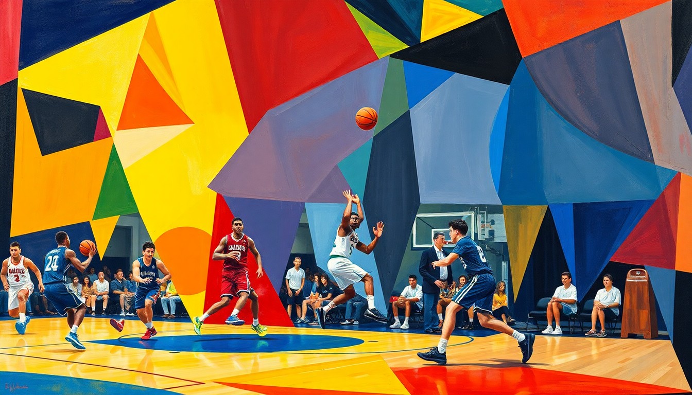 A cubist-style painting depicting a college basketball game, with the players' forms broken down into sharp, overlapping geometric shapes in vibrant colors, capturing the energy and intensity of the sport.