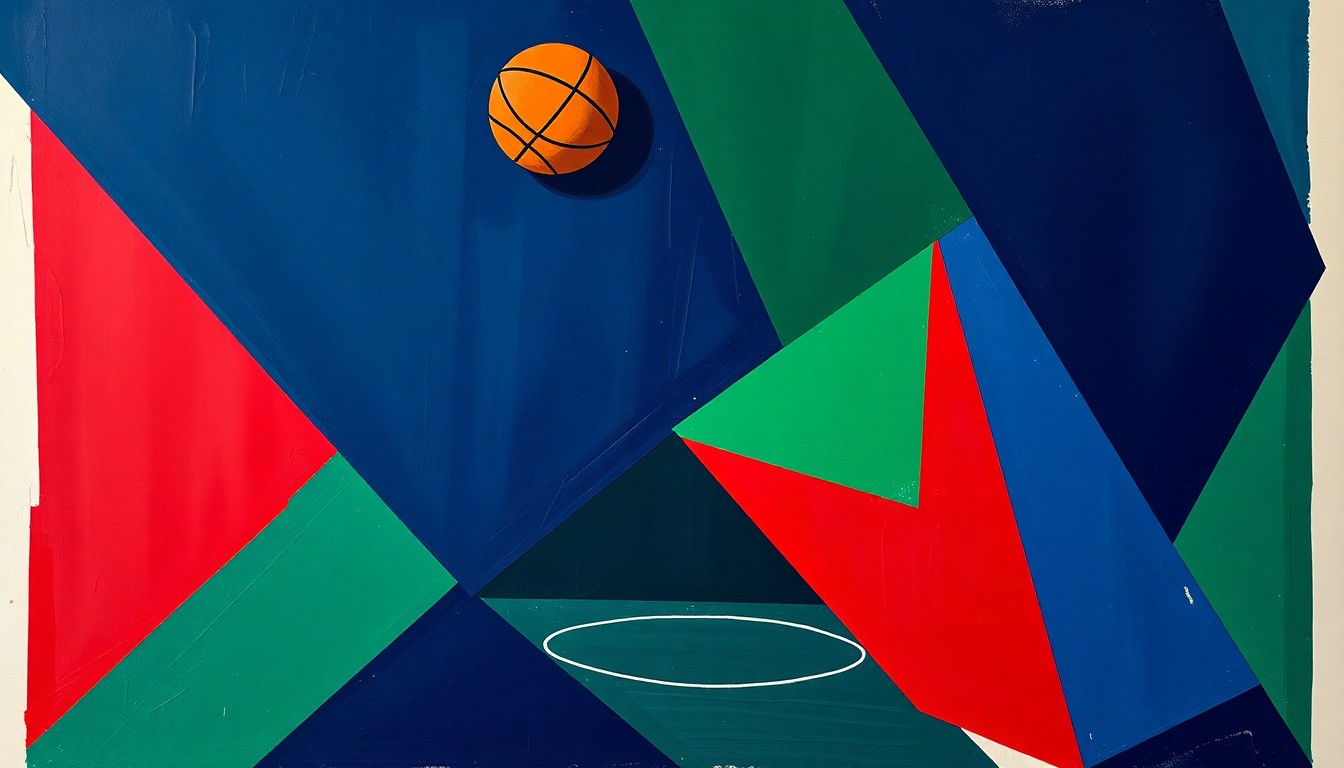A cubist, geometric painting depicting fragmented and overlapping basketball court lines, players, and ball in shades of navy, green, and red, conveying the dynamic energy of the late-season playoff push.