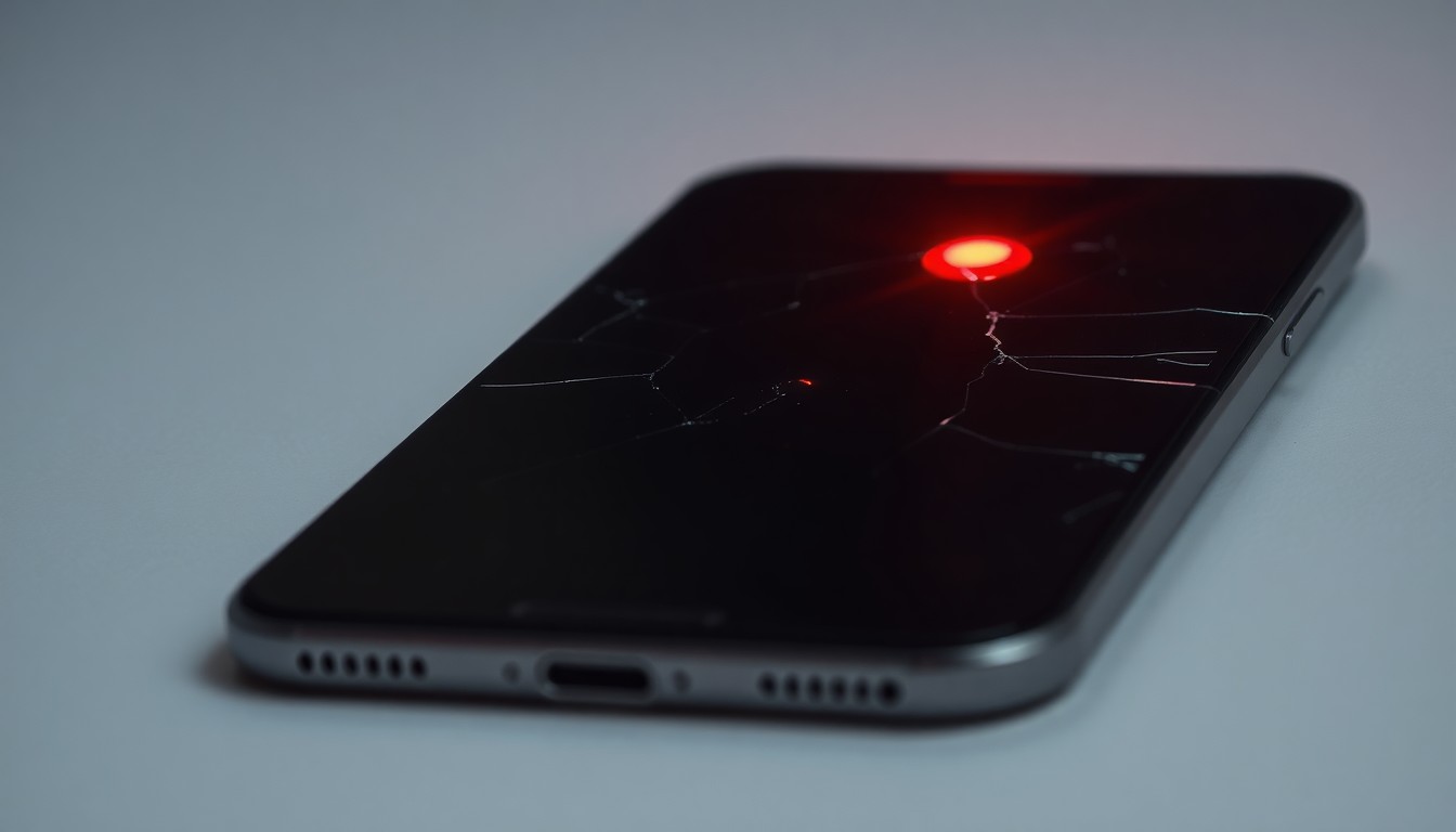 An extreme close-up photograph of a cracked smartphone screen reflecting a faint red light, conceptually illustrating the aftermath of a violent domestic incident.