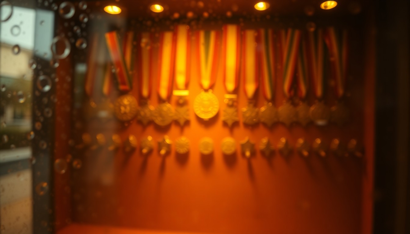An abstract, dreamy image of a blurred display case filled with a shimmering military medal, captured in a warm, atmospheric wash of soft light and color.
