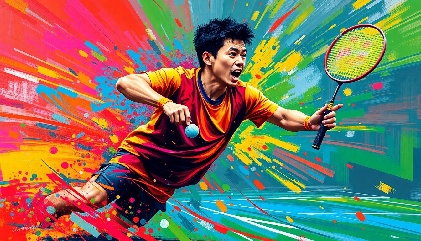 A vibrant, expressionist painting depicting the dynamic movements and raw energy of a para-badminton player in mid-rally, with neon colors and rapid brushstrokes creating a sense of kinetic motion.