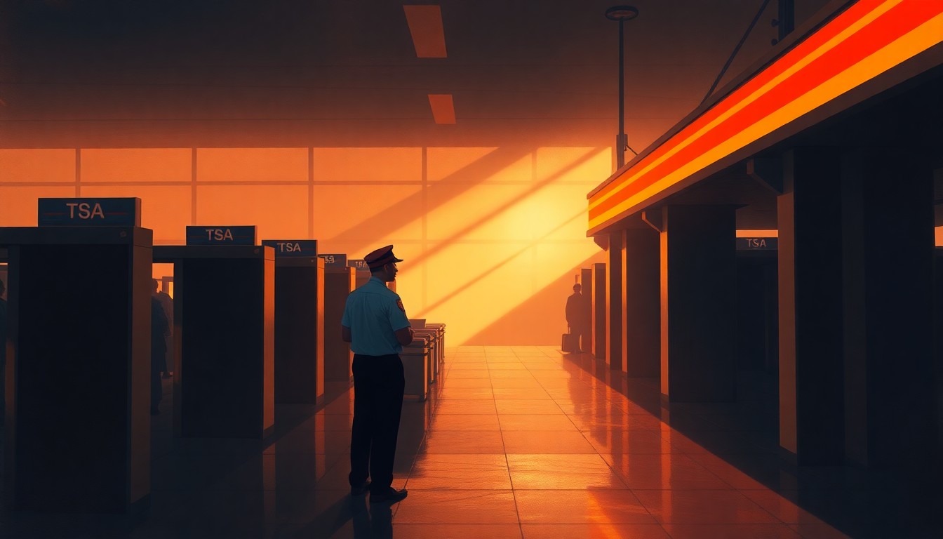 A serene, painterly scene of a TSA agent standing alone at a security checkpoint, the warm light and deep shadows creating a contemplative, cinematic mood that reflects the challenges faced by federal workers during the government shutdown.