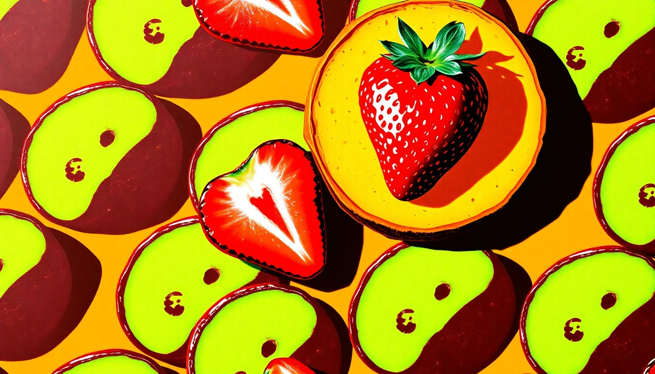 A high-contrast, silkscreen-style illustration featuring a repeating grid of a single, iconic grazing board item such as a fresh strawberry or cucumber slice, rendered in a vibrant, neon color palette that captures the essence of Bliss Bites NYNJ's seasonal offerings.