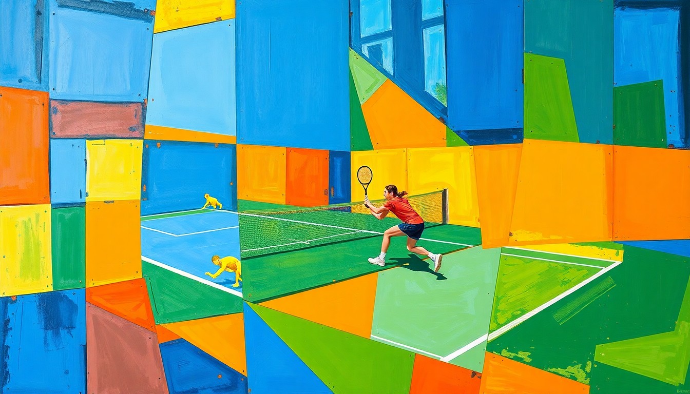 A fragmented, geometric painting in bold colors depicting the dynamic movements and perspectives of a tennis match between two players.