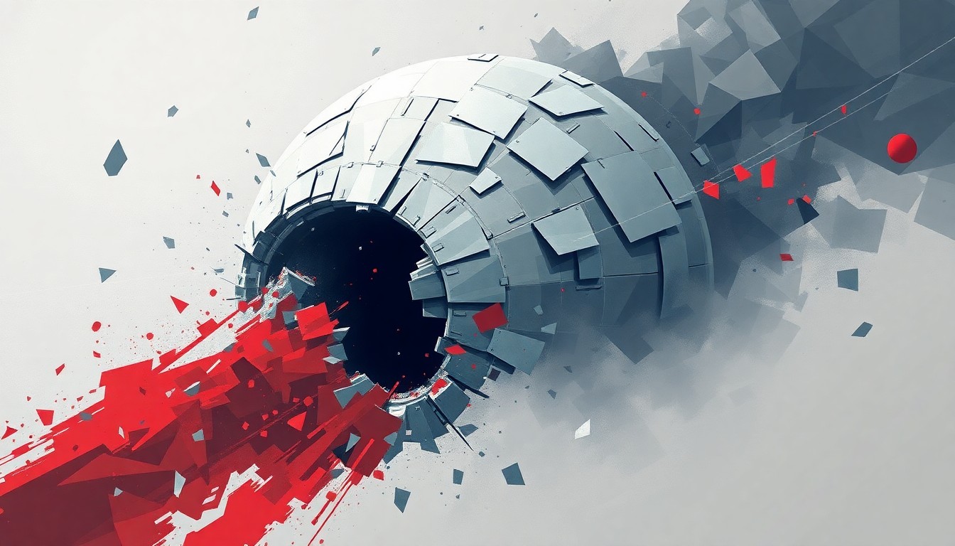 A conceptual illustration in the style of Giacomo Balla, featuring a fractured, overlapping geometric composition of a damaged AWACS radar dome in shades of grey, red, and blue, conveying the chaos and destruction of the attack.
