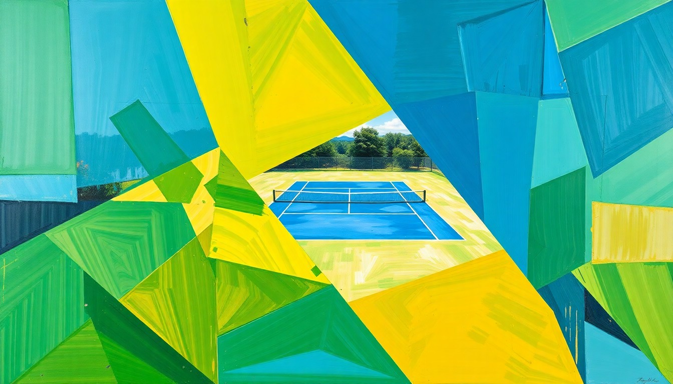 A cubist, geometric painting depicting a college tennis match, with overlapping planes of bright green, blue, and yellow representing the dynamic action on the court.