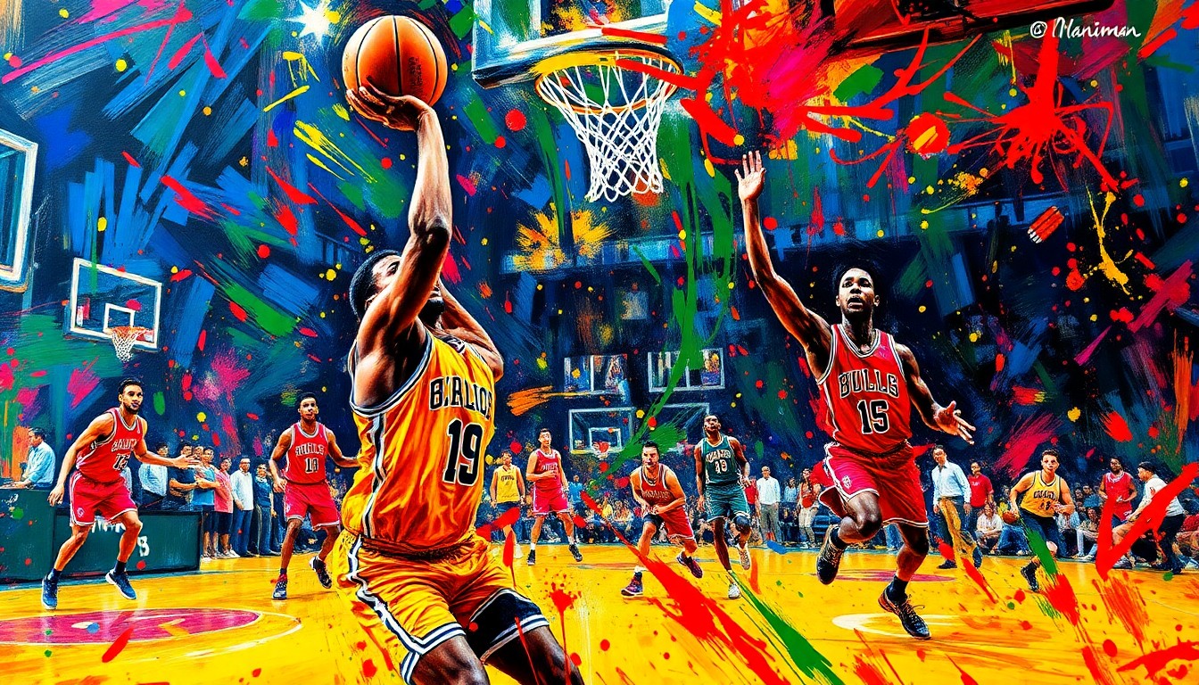 An abstract, expressionist painting in vibrant neon colors, with rapid brushstrokes capturing the dynamic movement and energy of a basketball game, the players' forms dissolving into unrecognizable shapes and splatters.