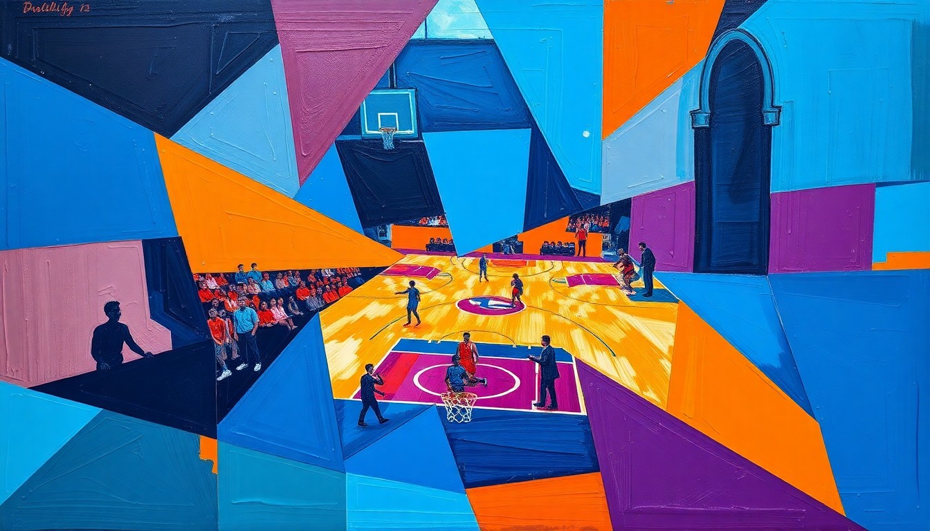 A fragmented, geometric painting depicting a basketball game or match, with sharp planes of color and overlapping shapes that capture the dynamic energy of the sport.