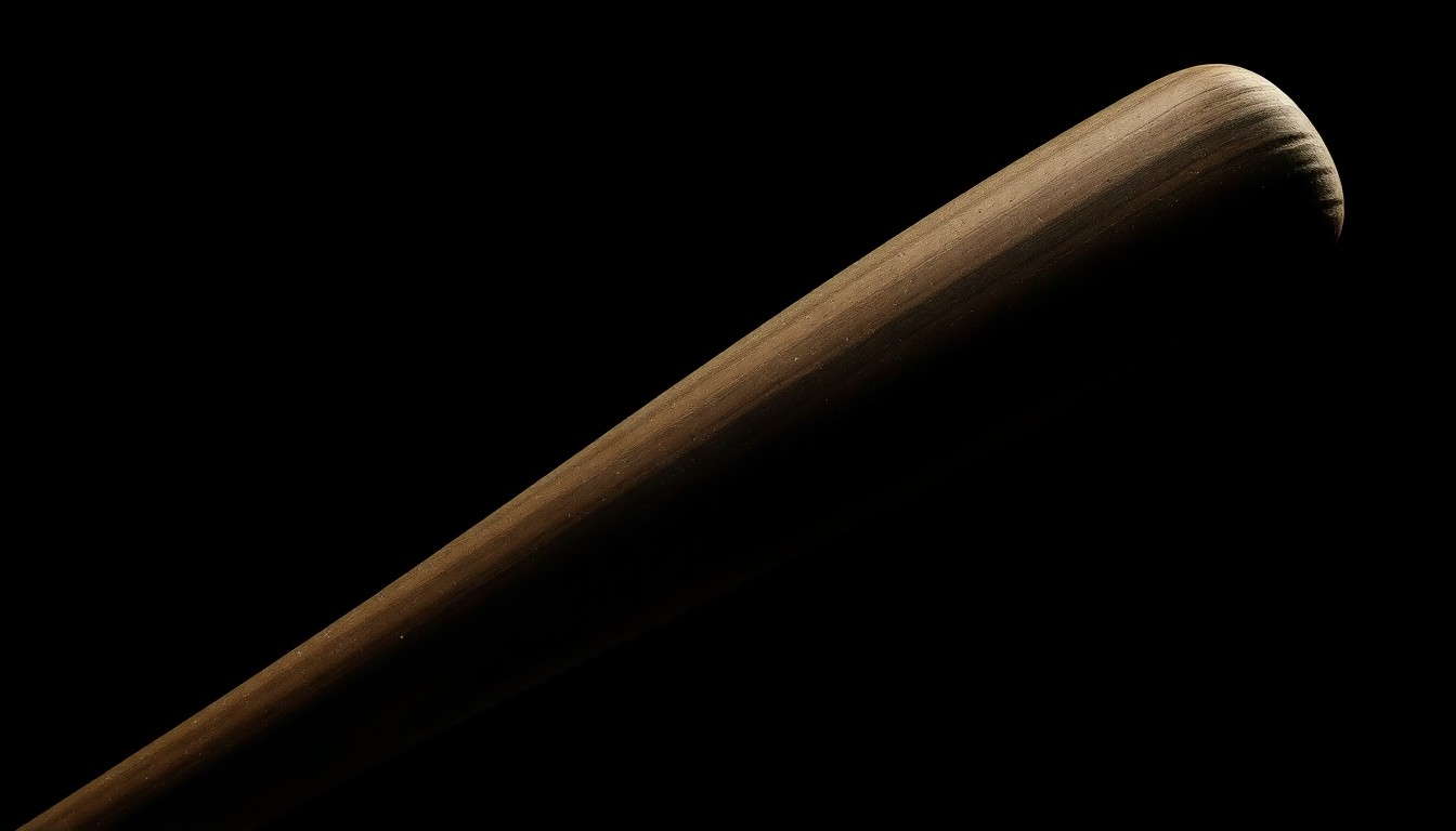 An extreme close-up photograph of a baseball bat against a pitch-black background, lit by a harsh, direct camera flash, creating a stark, gritty, investigative aesthetic that conceptually represents the violent nature of the incident.