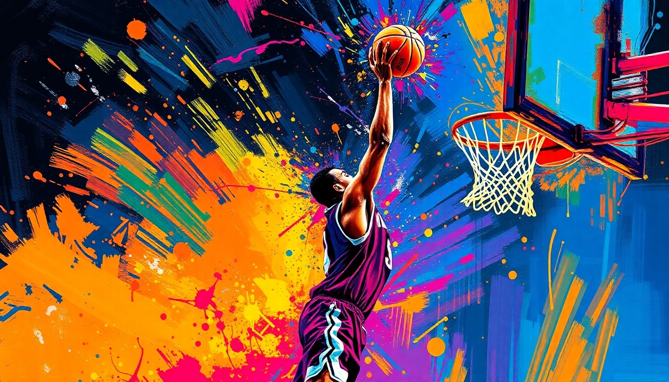An abstract expressionist painting in vibrant neon colors, capturing the explosive energy and excitement of a basketball player making a dramatic halfcourt shot. The player's figure is dissolved into unrecognizable brushstrokes, with the ball leaving a trail of light as it arcs towards the hoop.