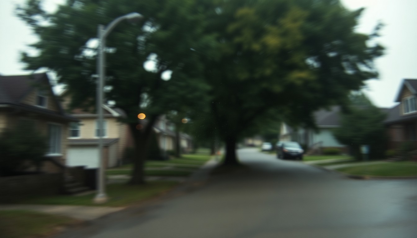 An abstract, impressionistic photograph of a partially obscured neighborhood street scene, with blurred trees and buildings in soft, muted colors, conveying a sense of lingering uncertainty and unease in the aftermath of a major storm.