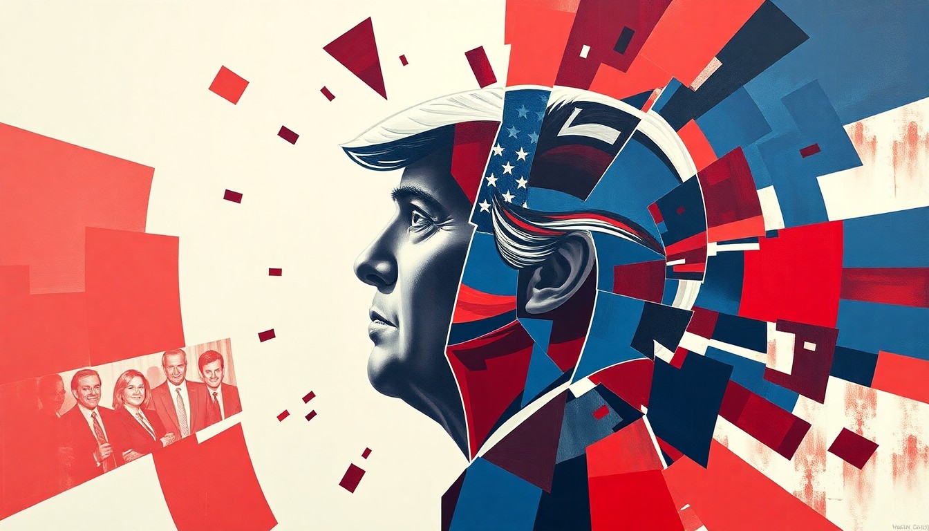 A dynamic, abstract painting in red, white, and blue hues depicting the fragmented, overlapping silhouette of a politician's head, conveying the rapid pace of political change and the fractured nature of the conservative movement.