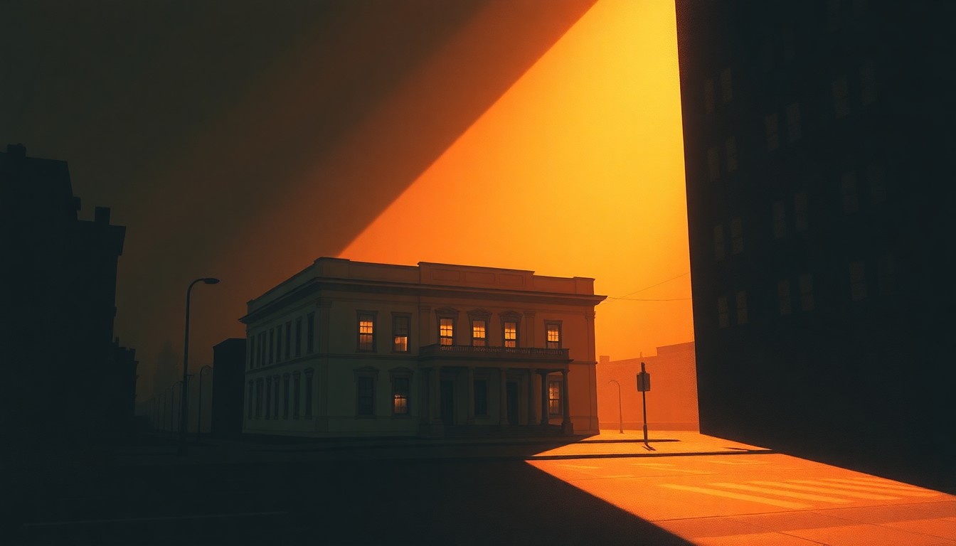 A serene, nostalgic painting of a government building in Cincinnati, with warm light and deep shadows creating a contemplative, melancholy mood.