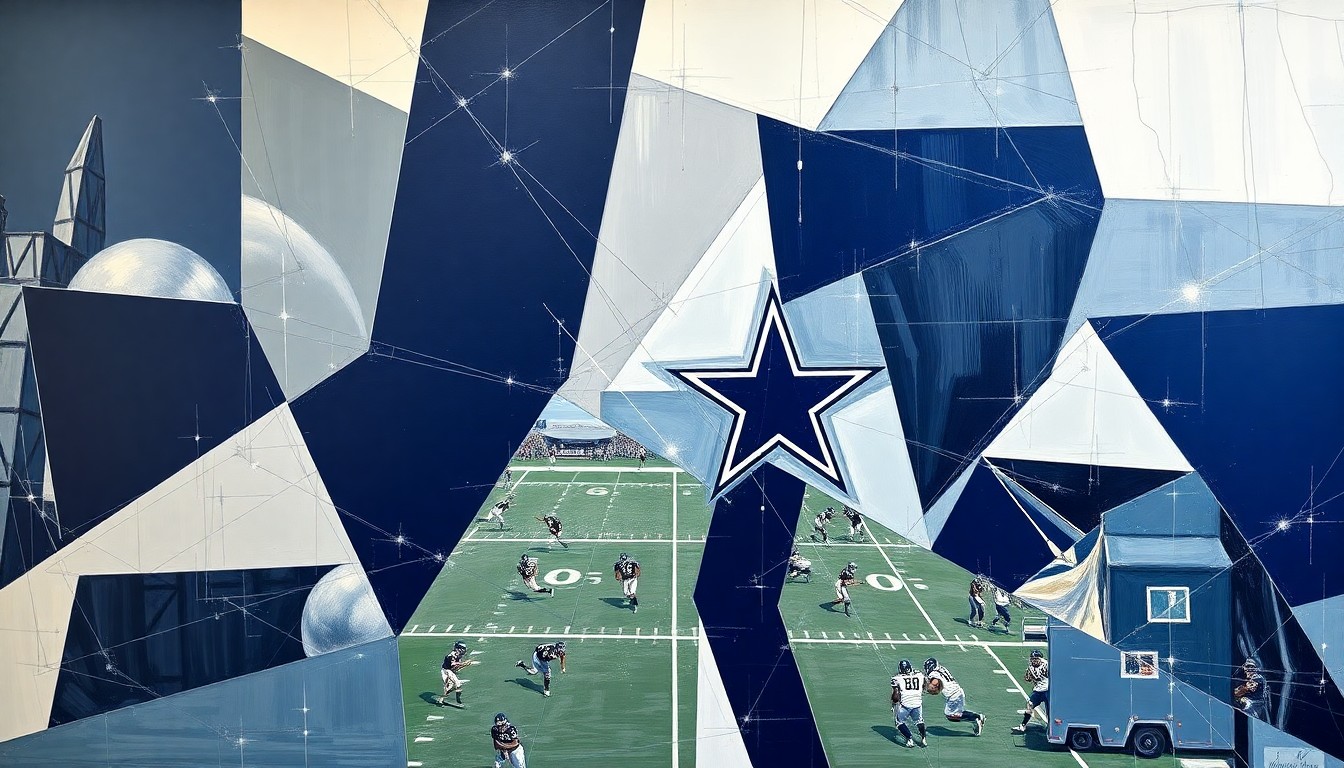 A cubist, geometric painting depicting a Dallas Cowboys football game, with sharp, overlapping planes of navy blue, silver, and white representing the chaotic action on the field.