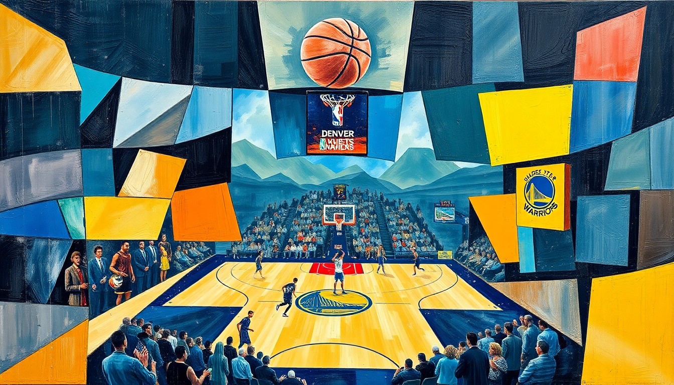 A cubist-style painting depicting a basketball game, with the players and court broken down into sharp, overlapping geometric shapes in a variety of colors, conveying the intensity and energy of the matchup.