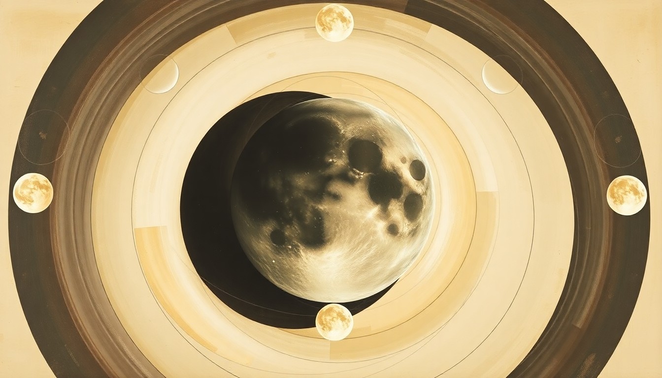A highly structured abstract painting in soft, earthy tones depicting the phases of the moon and its orbit around the Earth, conveying the structural order of the lunar cycle through precise geometric shapes and sweeping arcs.
