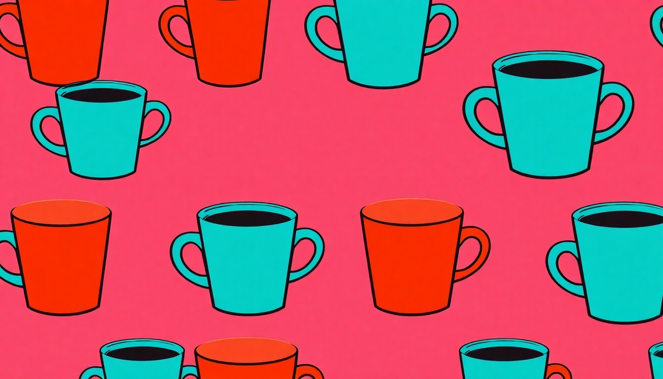 A brightly colored, high-contrast silkscreen print of a coffee cup repeated in a tight grid pattern, conceptually representing the energy and community of the First Friday Breakfast event in Fort Smith.