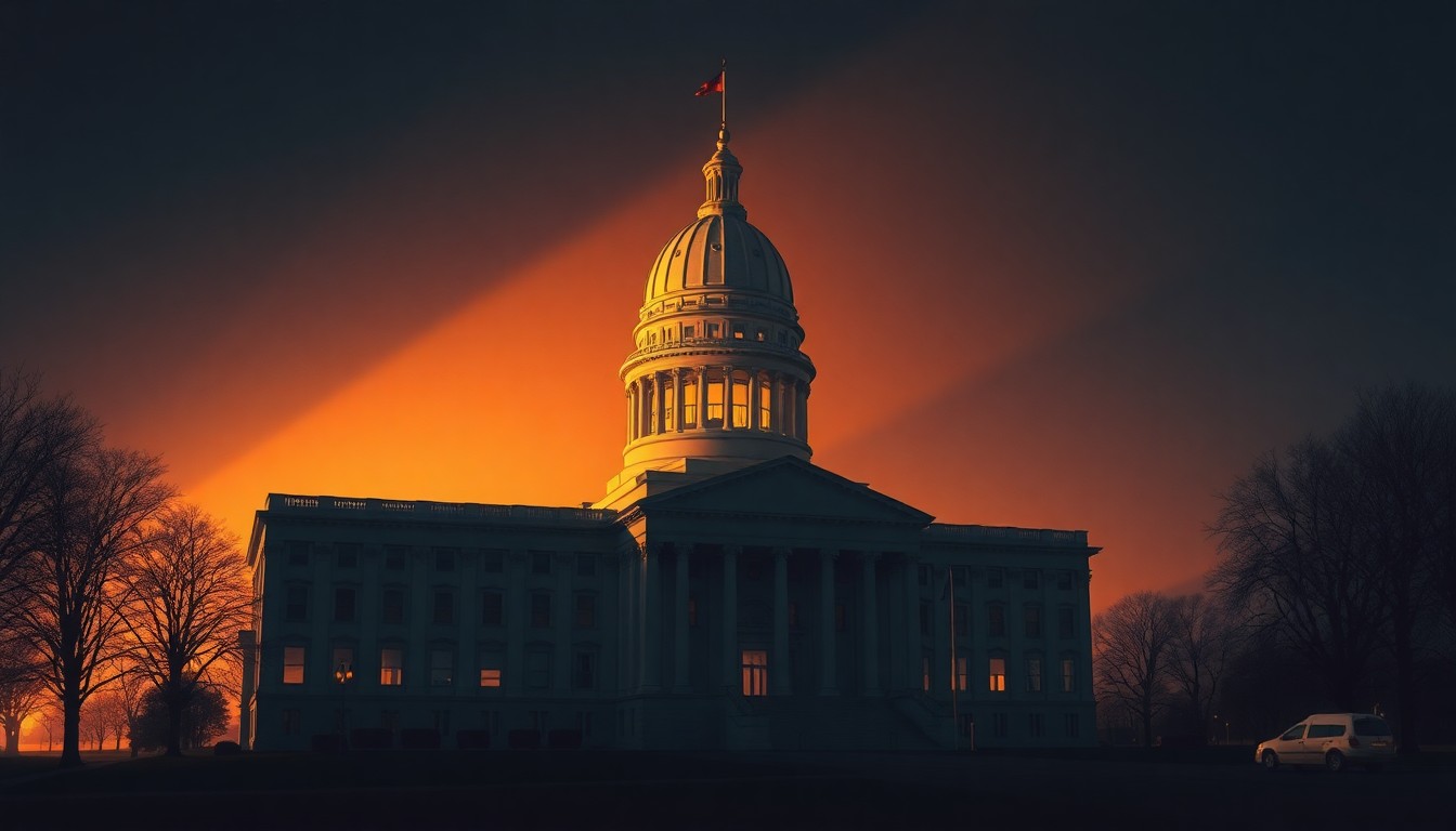 A serene, cinematic painting depicting the Michigan state capitol building in warm, muted tones, conveying a sense of political uncertainty and anticipation.