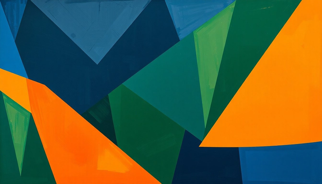 A fragmented, geometric painting depicting the chaotic energy and competing perspectives of a high-stakes NBA basketball game.