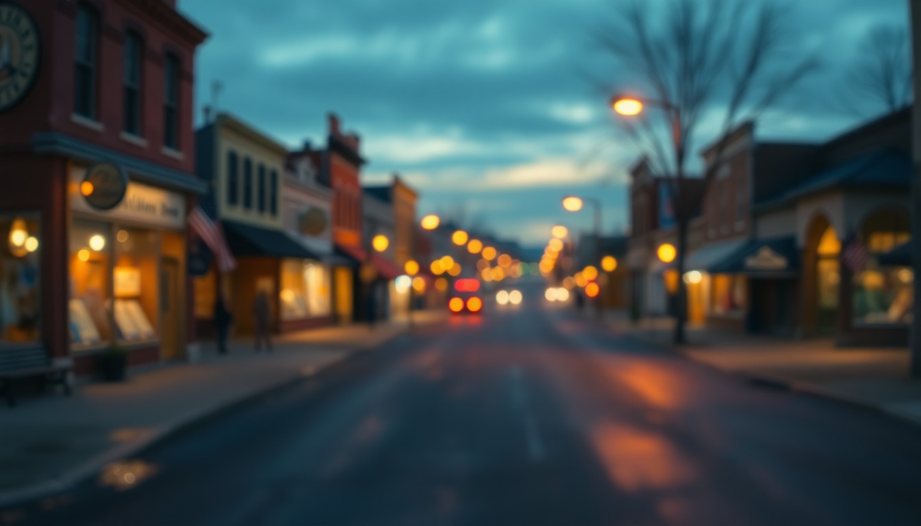 An extremely abstracted, out-of-focus photograph of a small-town main street at dusk, with warm pools of light from storefront windows and streetlamps reflecting on the wet pavement, creating a dreamlike, impressionistic composition that evokes a sense of nostalgia and community.