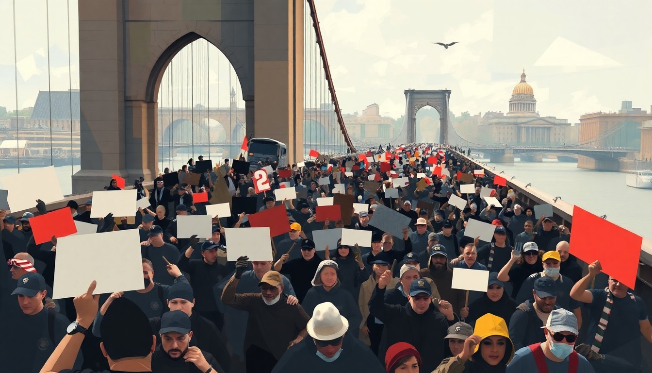 A fractured, abstract painting depicting a crowd of protesters marching across a bridge, with police officers visible in the background. The image conveys a sense of motion, energy, and political tension through the use of overlapping, geometric shapes and vibrant colors.