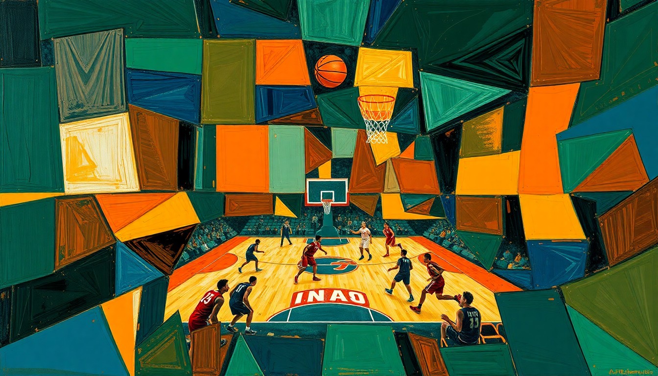 A cubist, geometric painting depicting the action and energy of a high school basketball game, with overlapping planes of color and form representing the players, court, and crowd.