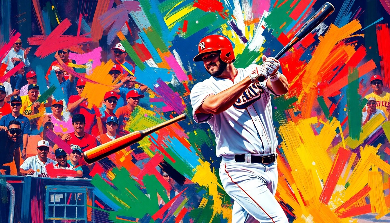 An extreme close-up of Eugenio Suarez's baseball bat making contact with the ball, rendered in a vibrant, energetic expressionist painting style with neon colors and rapid brushstrokes.
