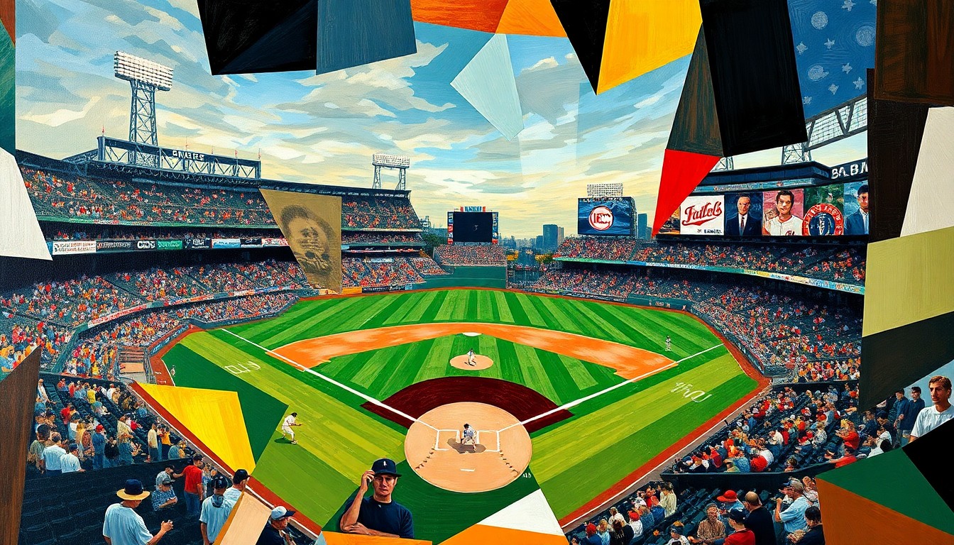 A cubist-style painting depicting a baseball game broken down into overlapping geometric shapes and planes of color, with no recognizable players or stadium features.