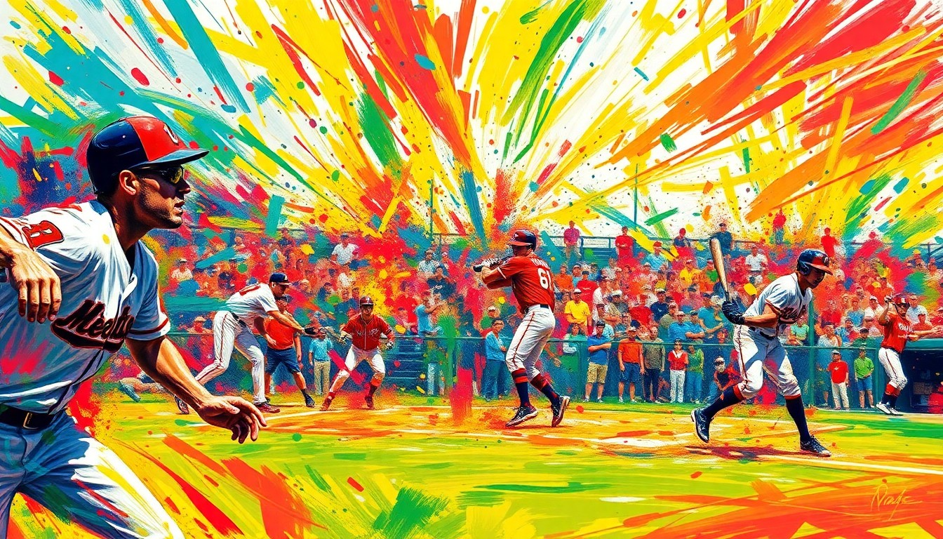 An abstract expressionist painting in vibrant neon colors, with rapid brushstrokes capturing the dynamic motion and energy of a college baseball game.