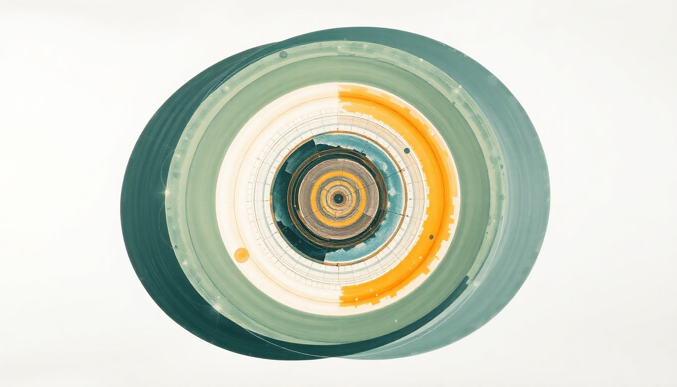 A highly structured abstract painting in soft, earthy tones of green, blue, and orange, featuring sweeping geometric arcs, concentric planetary circles, and precise botanical spirals, conceptually representing the complex forces and systems involved in the Artemis II mission to the Moon.