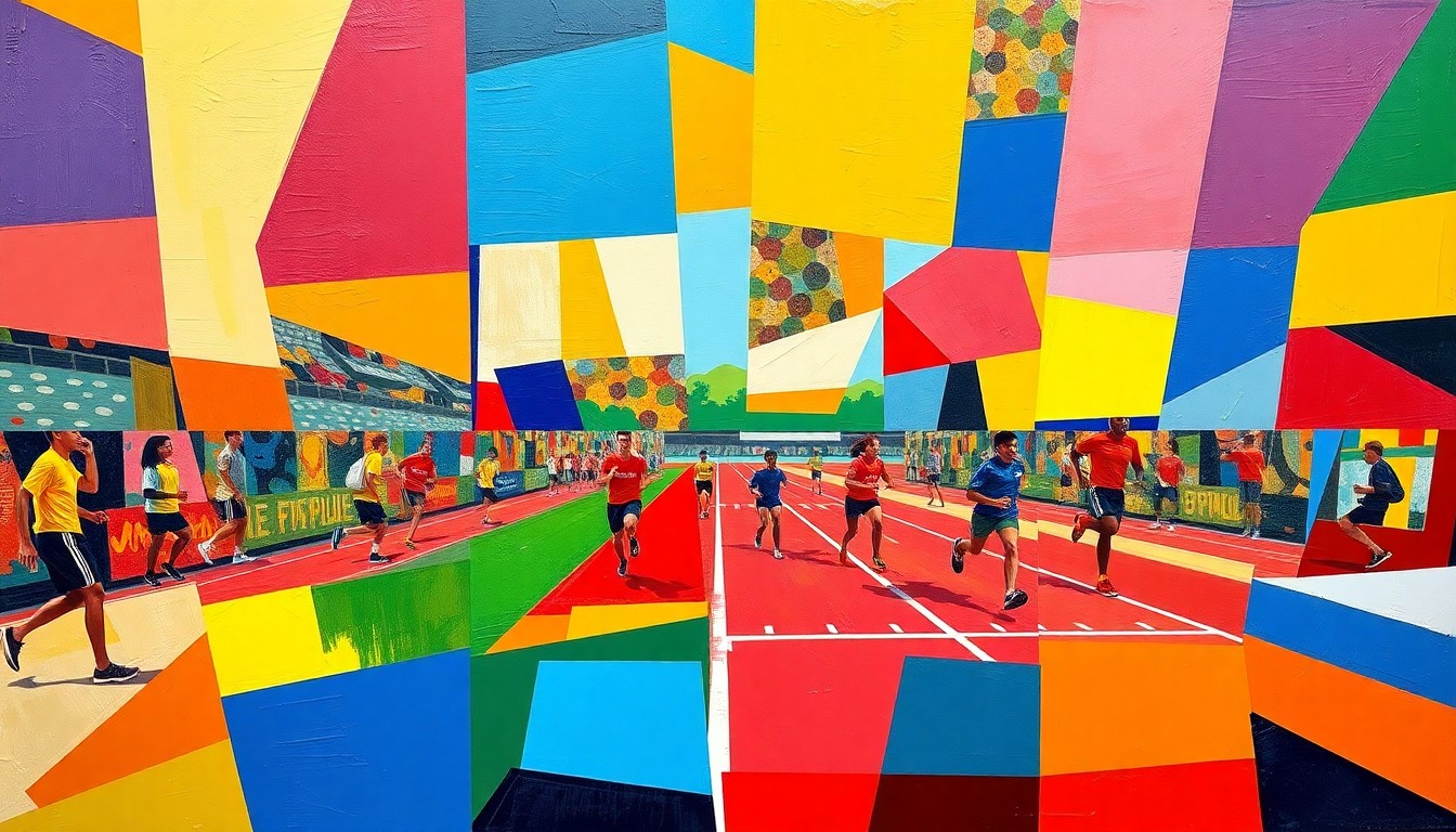 A fragmented, geometric painting in bold primary colors depicting a high school track and field competition, with figures and elements broken down into sharp, overlapping planes.