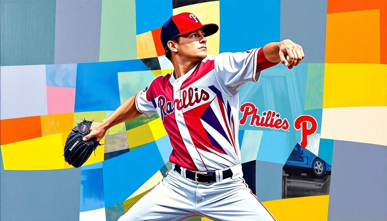 A fragmented, geometric painting depicting a baseball pitcher's delivery, with sharp planes of color representing the Texas Rangers and Philadelphia Phillies uniforms.