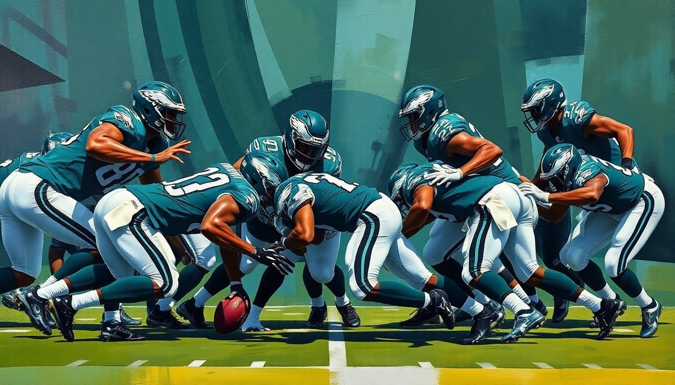 A cubist, geometric painting depicting a defensive line play, with the player's form fractured into overlapping planes of green and silver, representing the Eagles' ability to build a strong, cohesive unit.