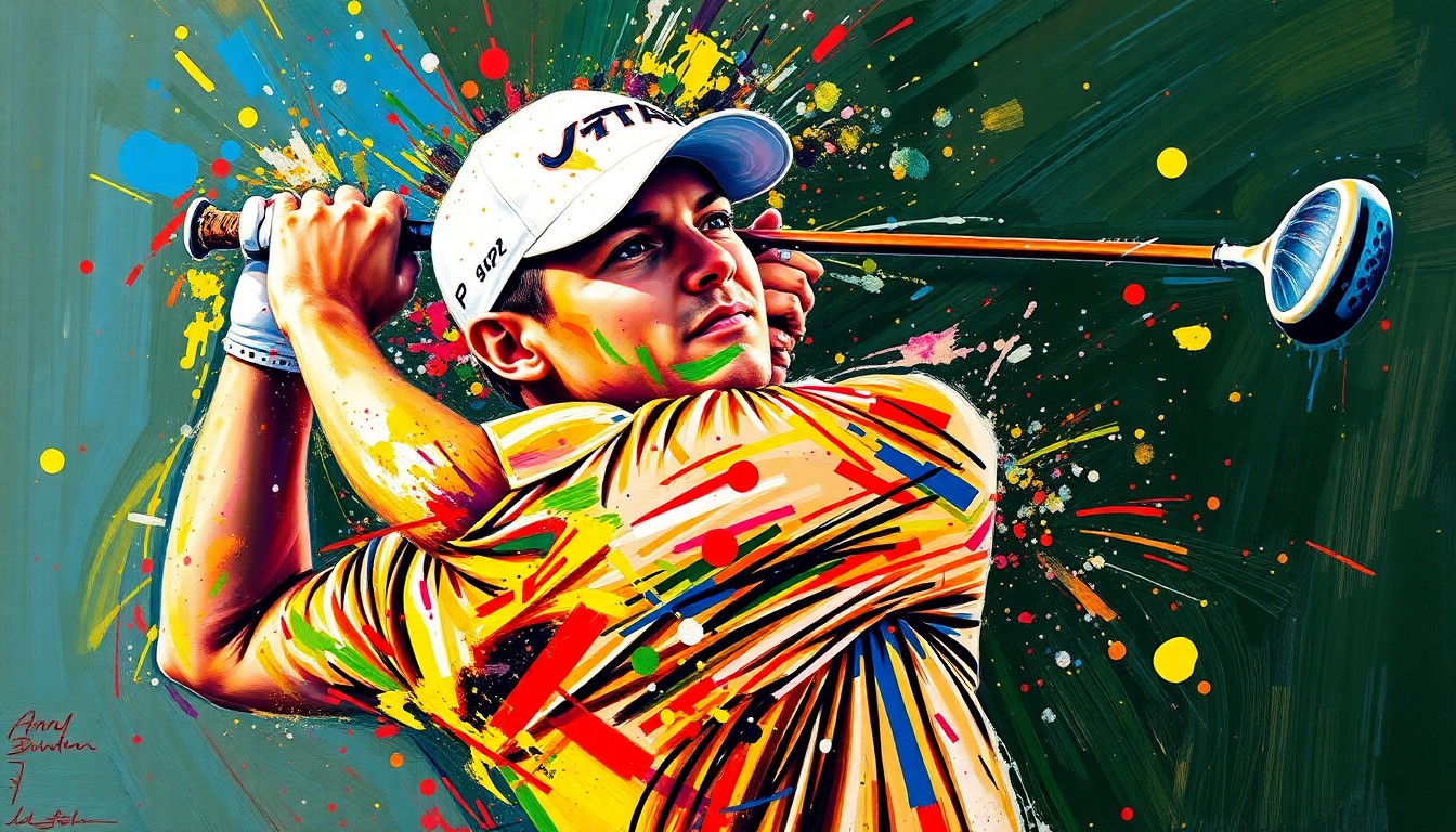 An abstract, energetic painting featuring bold, colorful brushstrokes that capture the dynamic motion and raw power of a professional golfer's swing, with the details of the player's face and body dissolving into a vibrant, expressionist composition.