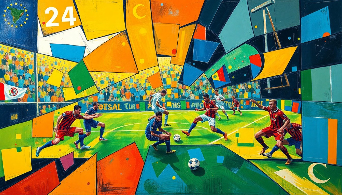 A fragmented, cubist-style painting depicting an intense soccer match between national teams, with players and the ball broken down into overlapping geometric shapes in a vibrant color palette of blues, reds, and yellows, conveying the energy and drama of the international competition.