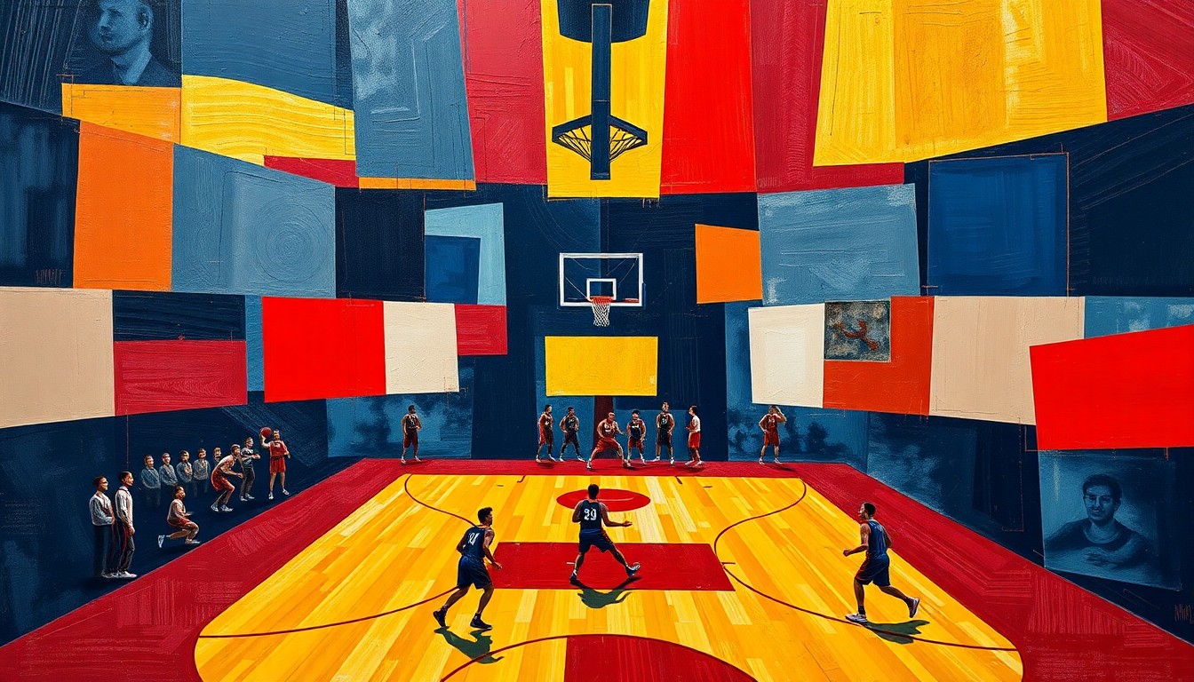 A fragmented, geometric painting depicting basketball players and the court broken down into sharp, overlapping planes of navy, crimson, and gold, conveying the conceptual idea of a new offensive strategy against double-teams.
