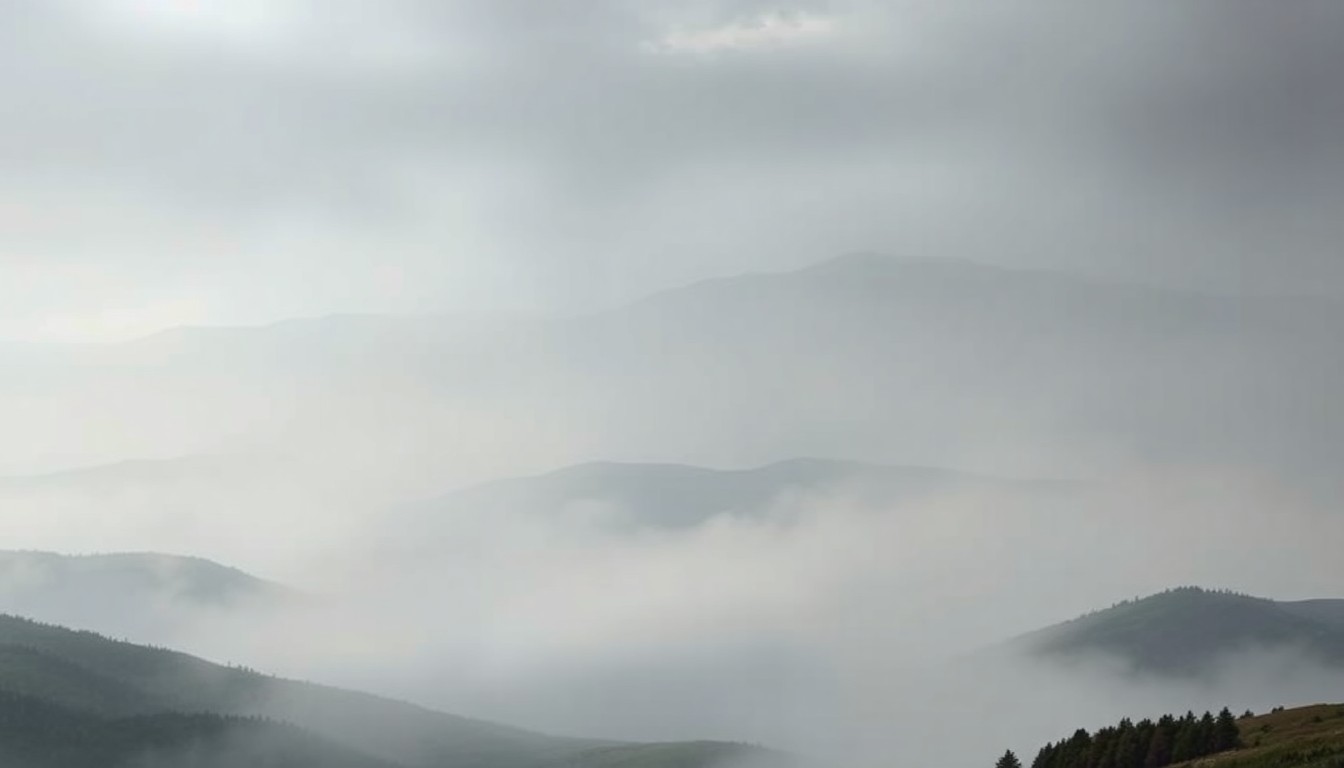 A sweeping, moody landscape painting in the style of Caspar David Friedrich, depicting the San Ramon Valley shrouded in a thick, atmospheric fog that obscures the distant rolling hills and fault lines, conveying a sense of the overwhelming, sublime scale of the natural world.