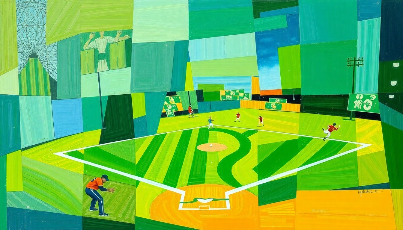 A cubist, geometric painting depicting a softball game broken down into overlapping planes of vibrant green, blue, and yellow shapes, capturing the dynamic energy of the sport.