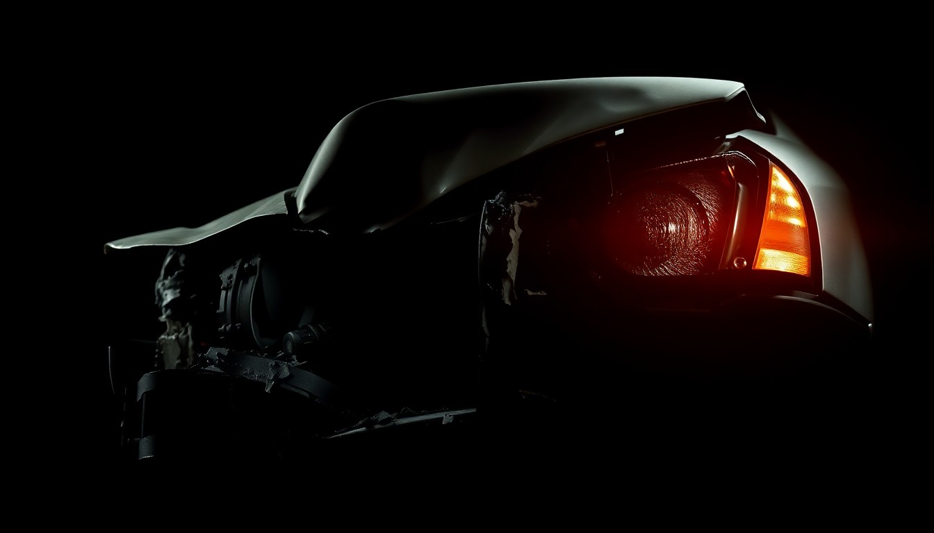 An extreme close-up photograph of a severely damaged car part, such as a twisted metal frame or shattered glass, lit by a harsh, direct camera flash against a pitch-black background, conveying the stark, gritty aftermath of a fatal freeway accident.
