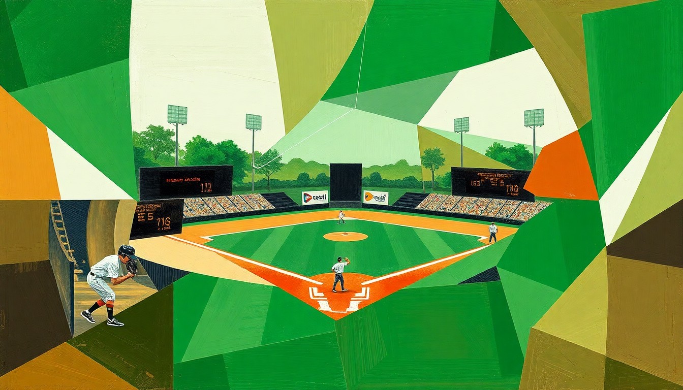 A fragmented, geometric painting depicting the dynamic movements and energy of a high school softball game, with overlapping planes of green, brown, and white representing the field, players, and equipment.