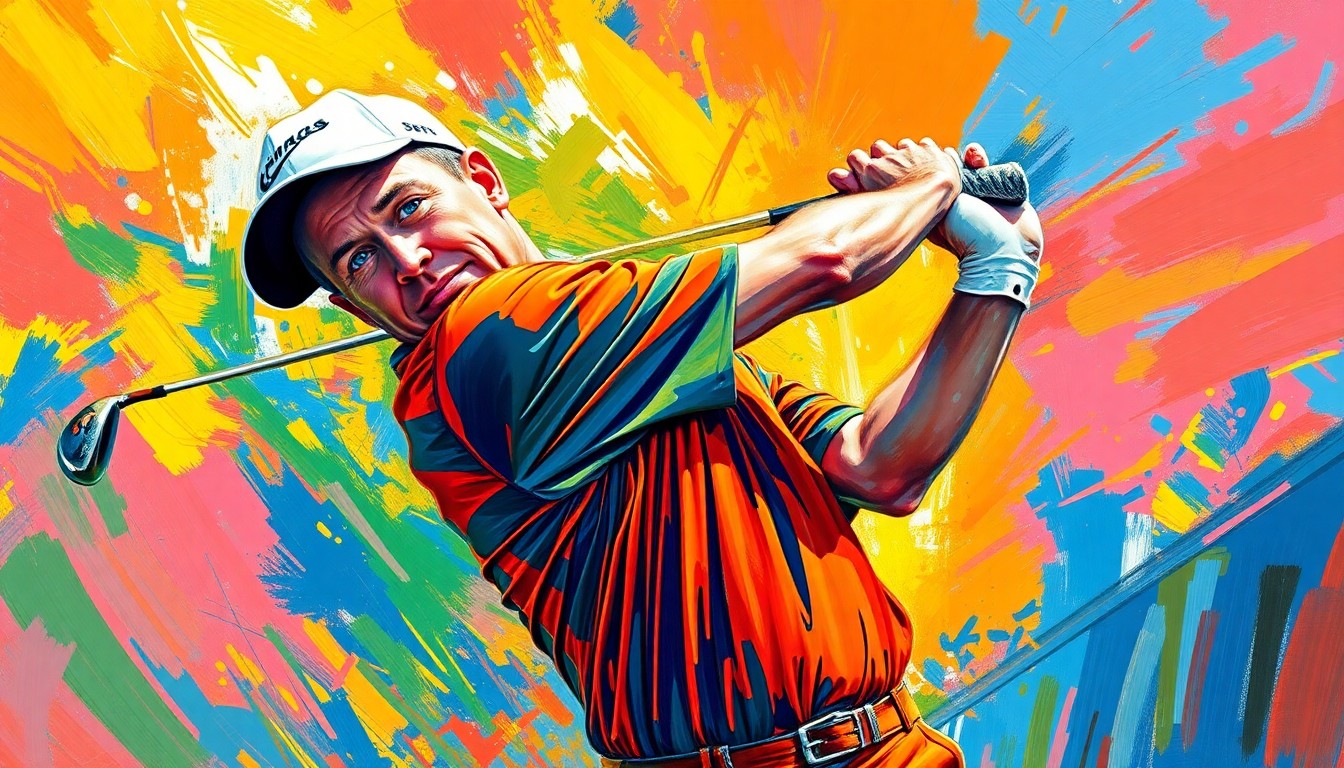 An abstract, expressionist painting featuring bold, neon-colored brushstrokes that capture the dynamic motion and power of a professional golfer's swing, representing Stewart Cink's dominant performance on the senior tour.