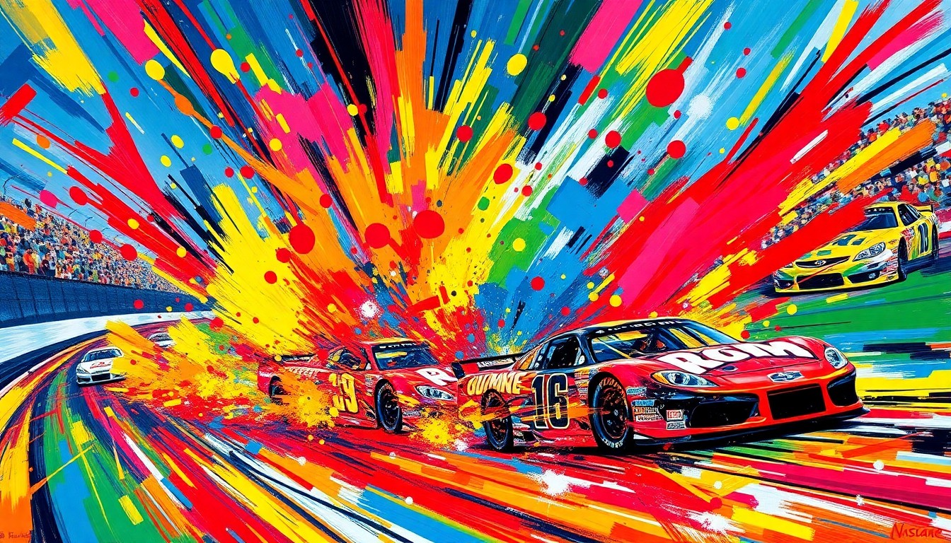 An abstract, expressionist painting in vibrant neon colors, capturing the frenetic energy and movement of a NASCAR race with cars and drivers blending into unrecognizable shapes.